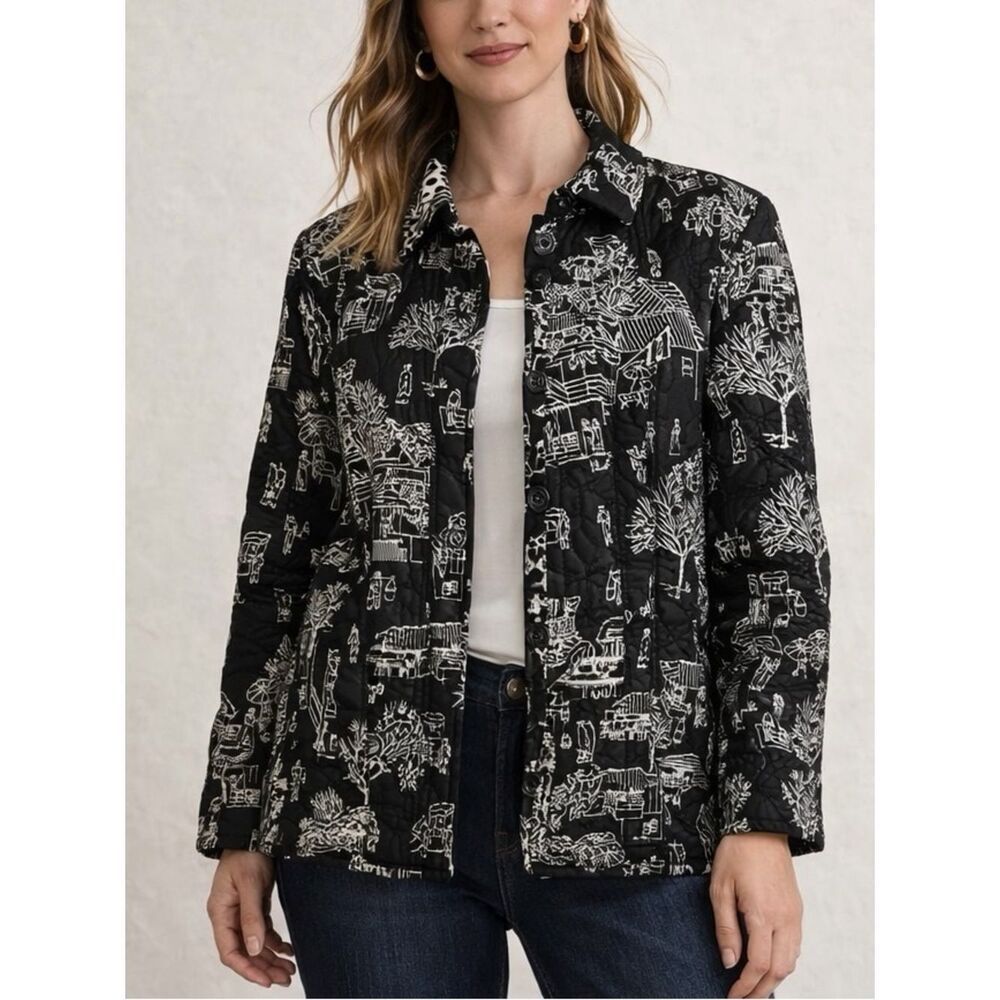 Chico’s Reversible Quilted Jacket Black White Print Lightweight Size M Boho